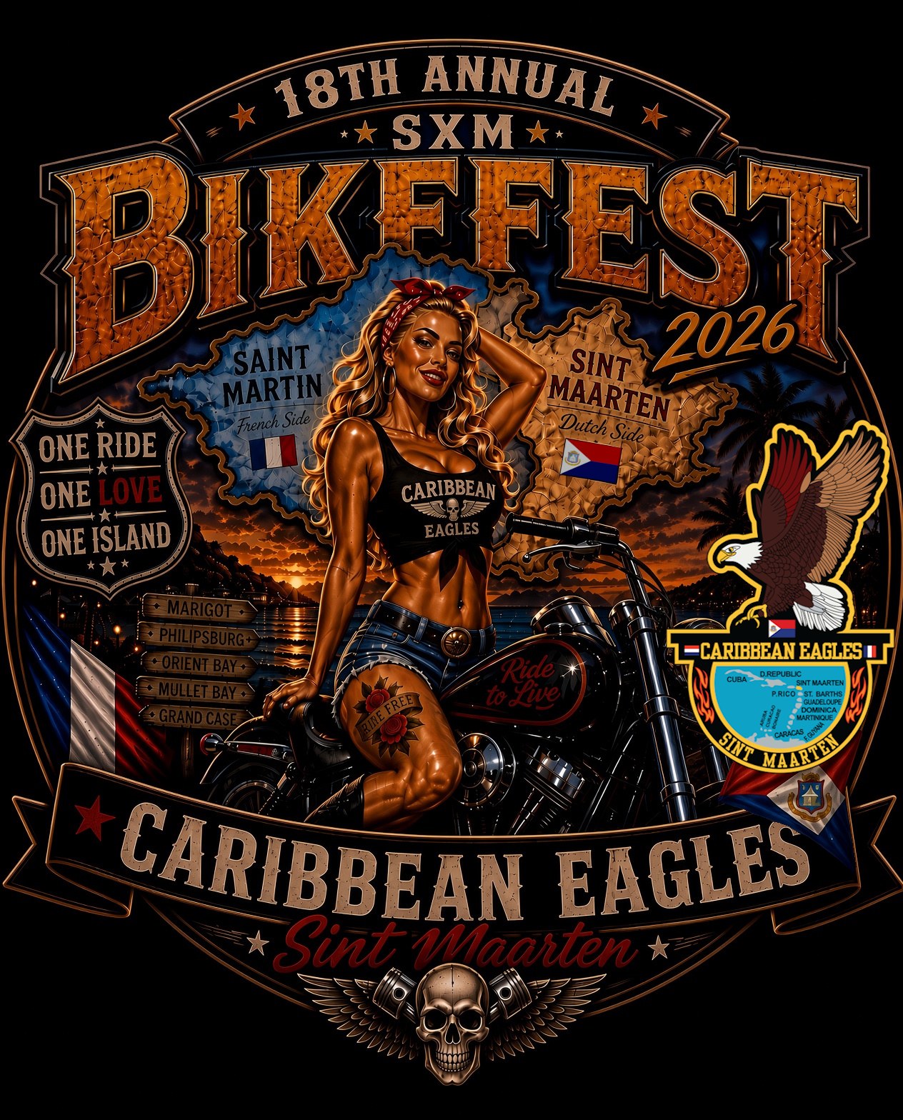 18th Annual SXM Bike Fest 2026 — official artwork: one ride, one love, one island